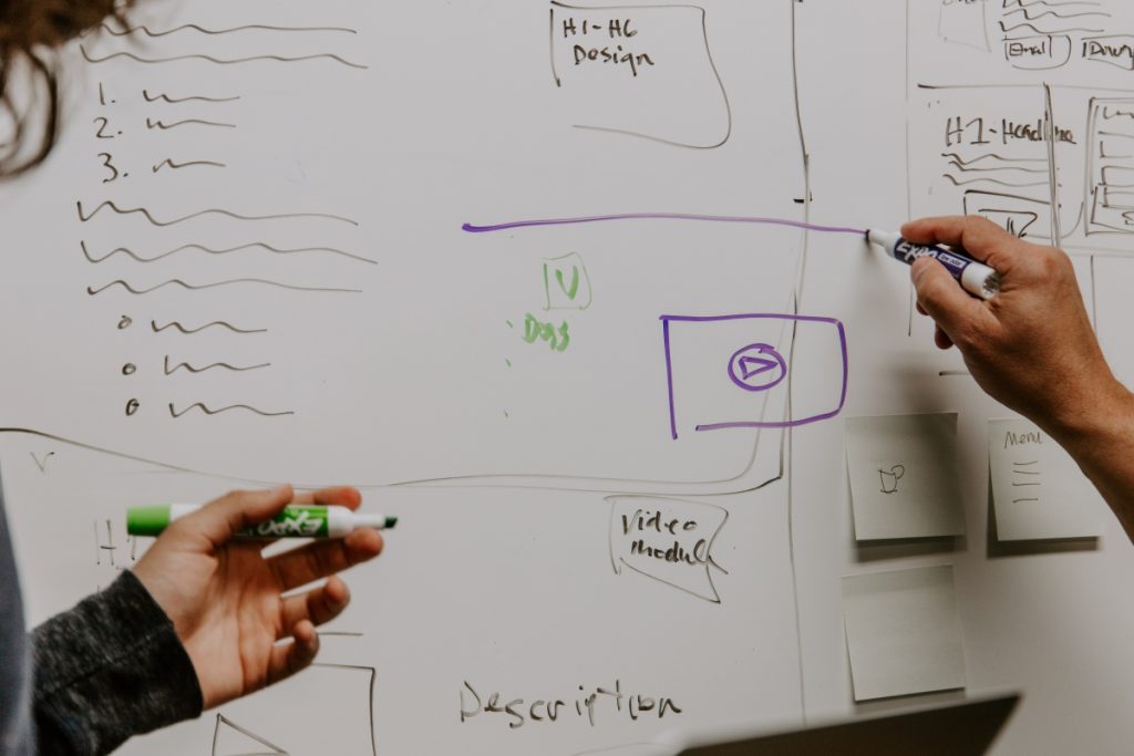 Google eCommerce best practice - image showing people working on site structure on a whiteboard.