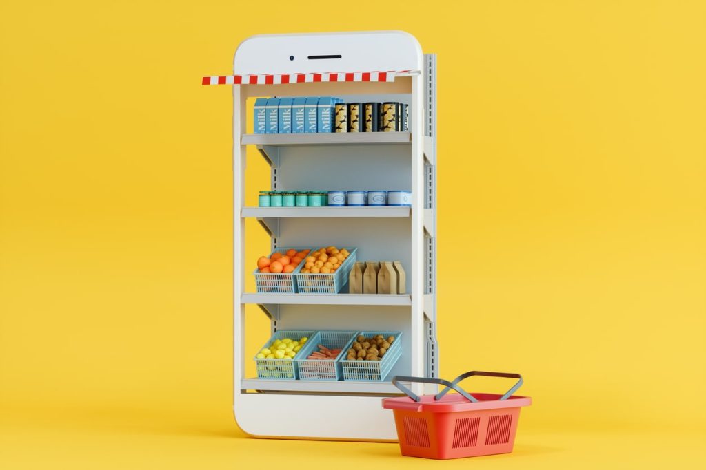 Best Practices For Selling On Digital Marketplaces - Image of a phone with a market stall placed inside it.